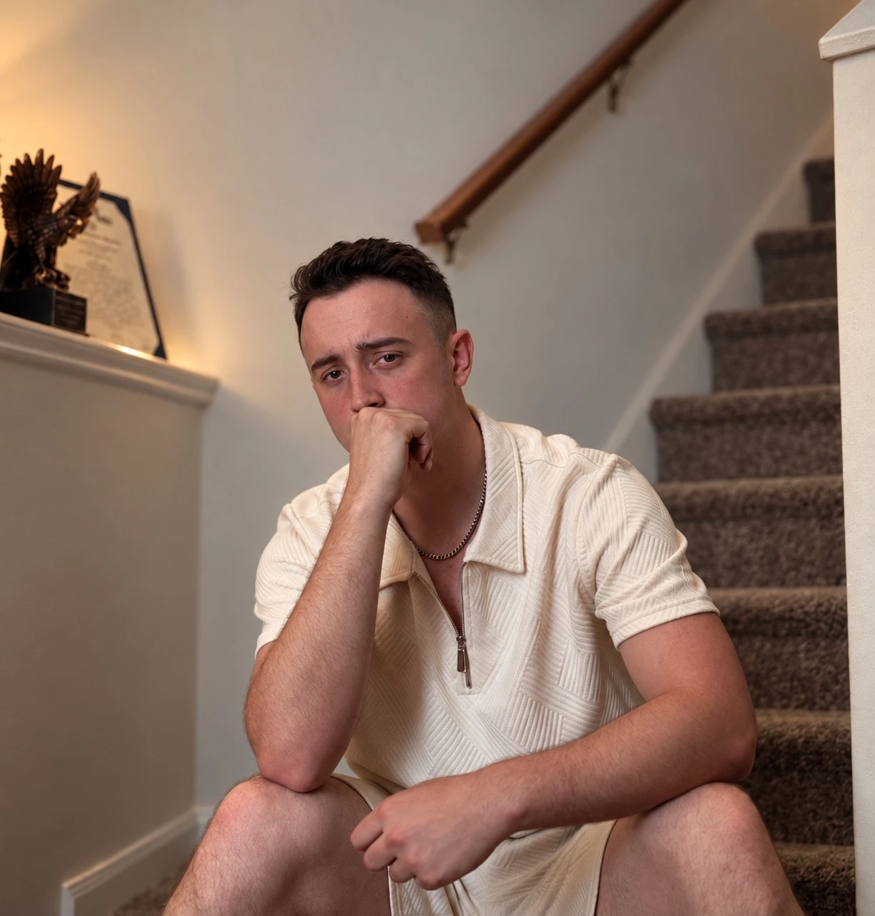 John Greer seated on a staircase, wearing a cream shirt